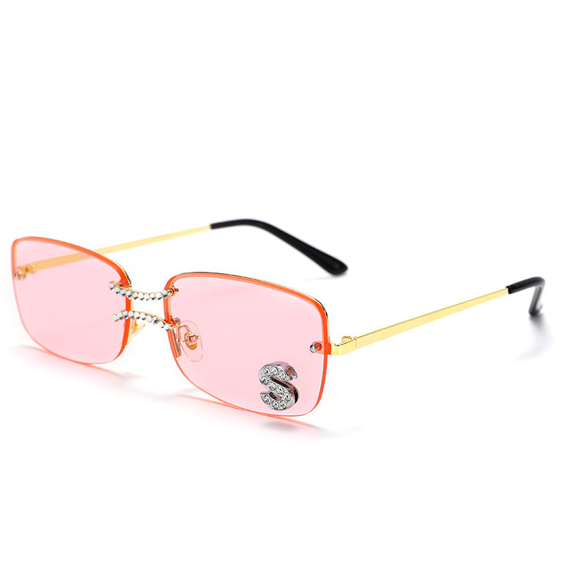 New Hong Kong Style Square Fashion Double Nose Bridge Frameless Metal Sunglasses Hip-Hop Style Ocean Piece Letter S Diamond Sunglasses eprolo