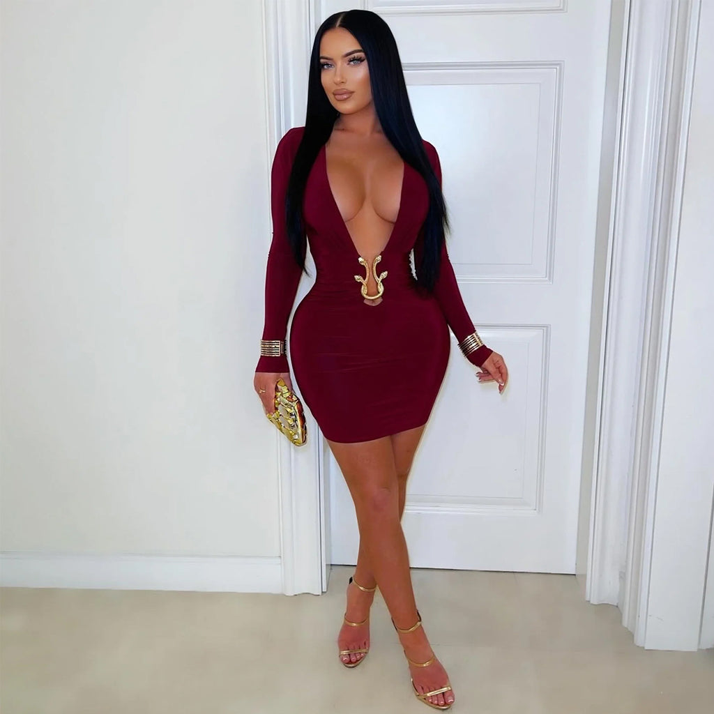 Fashionable Women's Sexy Deep V-Neck Bodycon Dress with Snake Pattern Accessories - Whispering Desires Shoppe