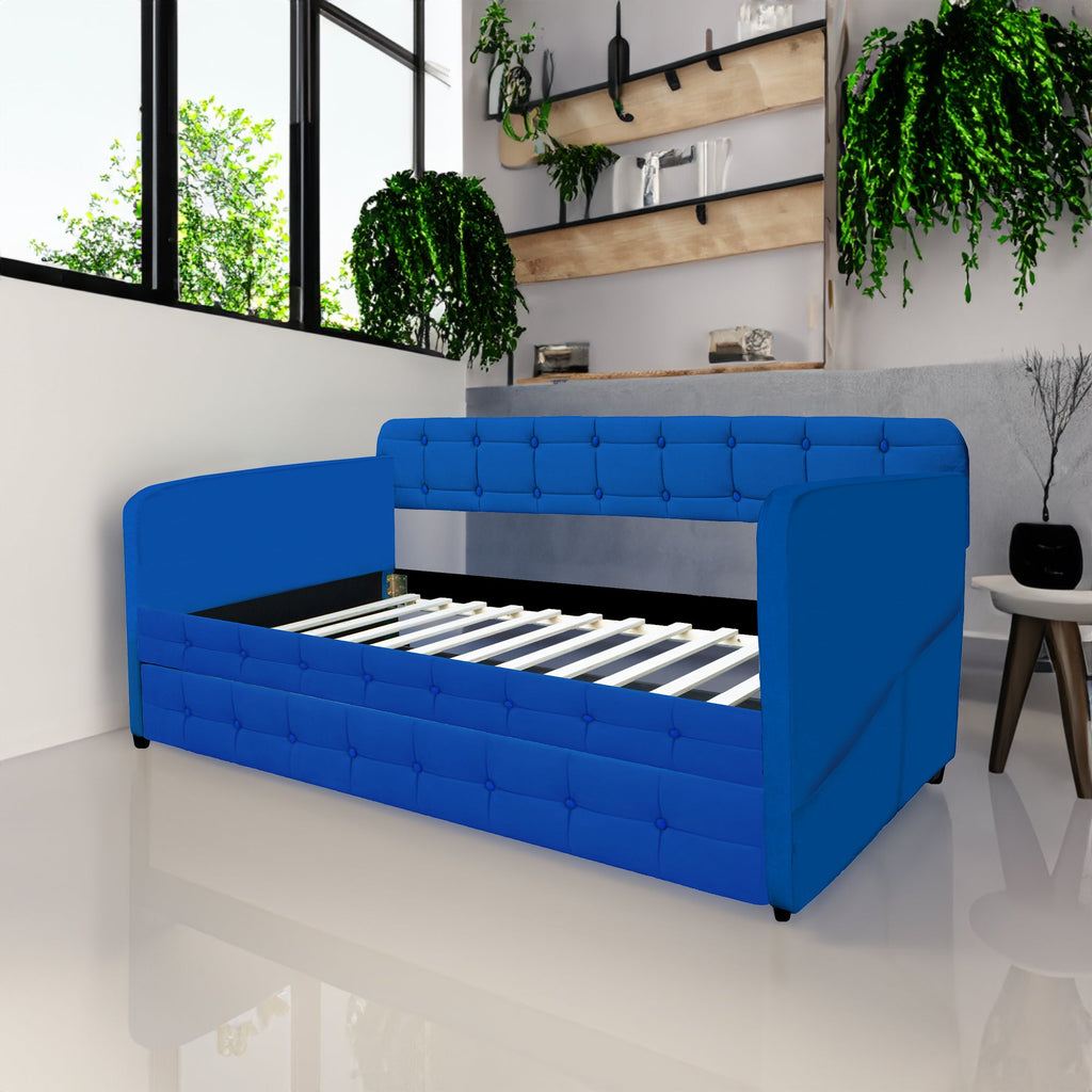 Blue padded twin beds with wheels, velvet fabric, no need for springs eprolo