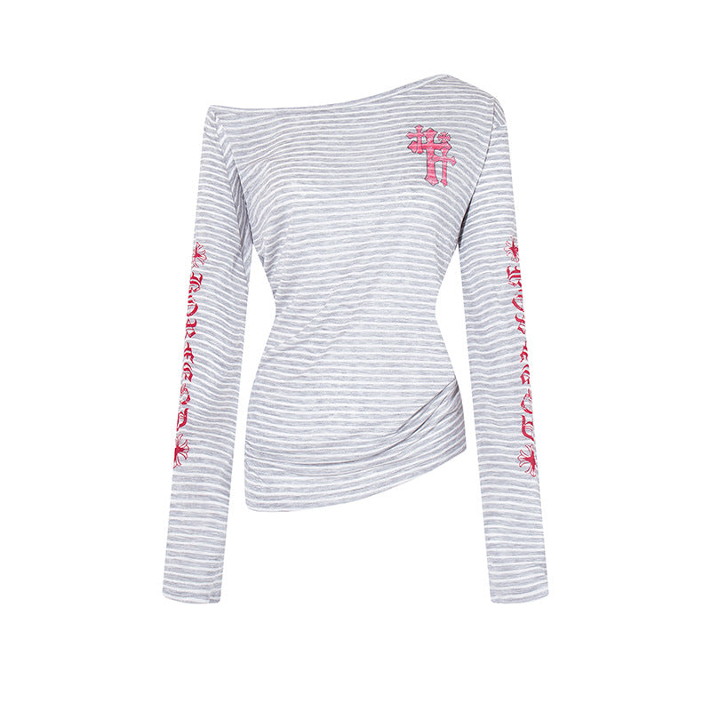 Stripe Graffiti Off-Shoulder Long Sleeve T-Shirt Women's Casual Edgy Style Top