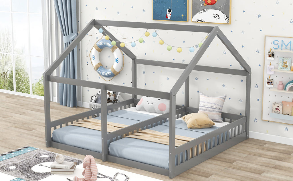 Twin Size House Platform Beds Two Shared Beds Gray eprolo