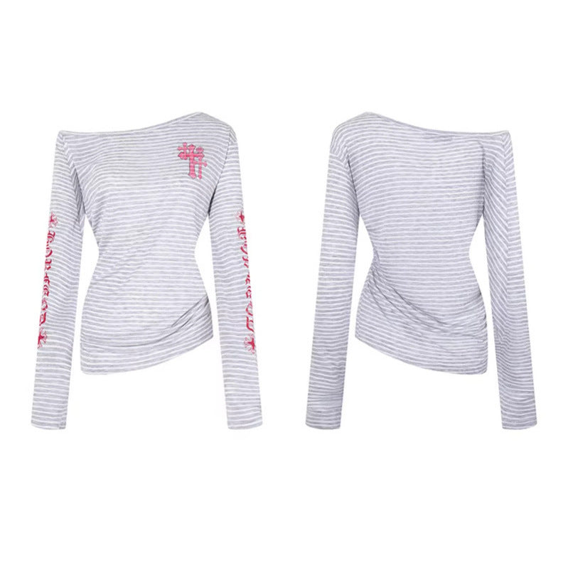 Stripe Graffiti Off-Shoulder Long Sleeve T-Shirt Women's Casual Edgy Style Top