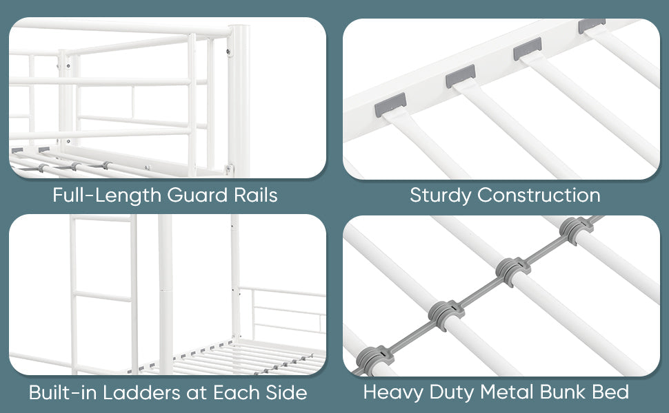 Twin metal bunk beds, metal structure bed frame with safety guardrails and 2 ladders, convertible bunk beds, white eprolo
