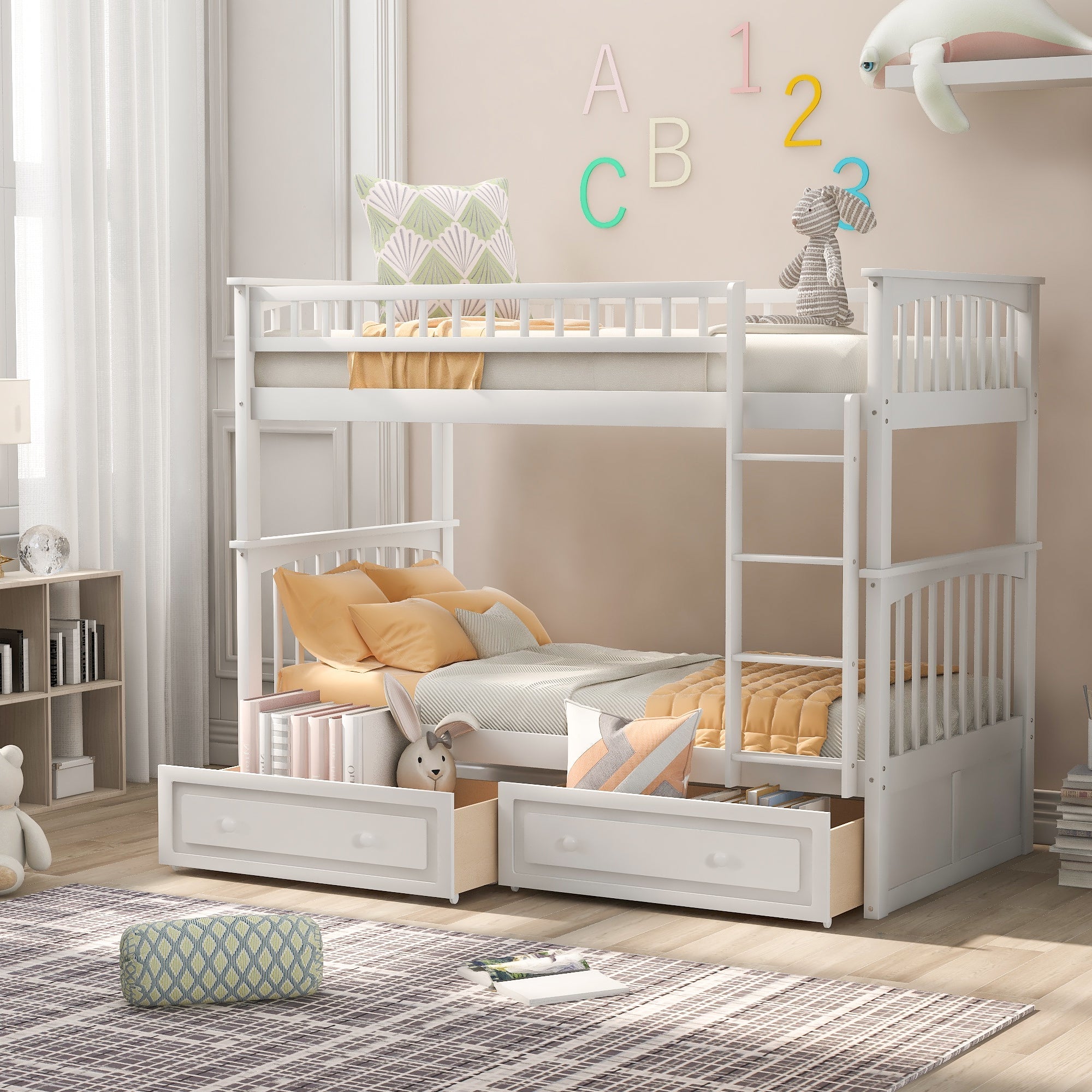 Twin over Twin Bunk Bed with Drawers  Convertible Beds  White eprolo