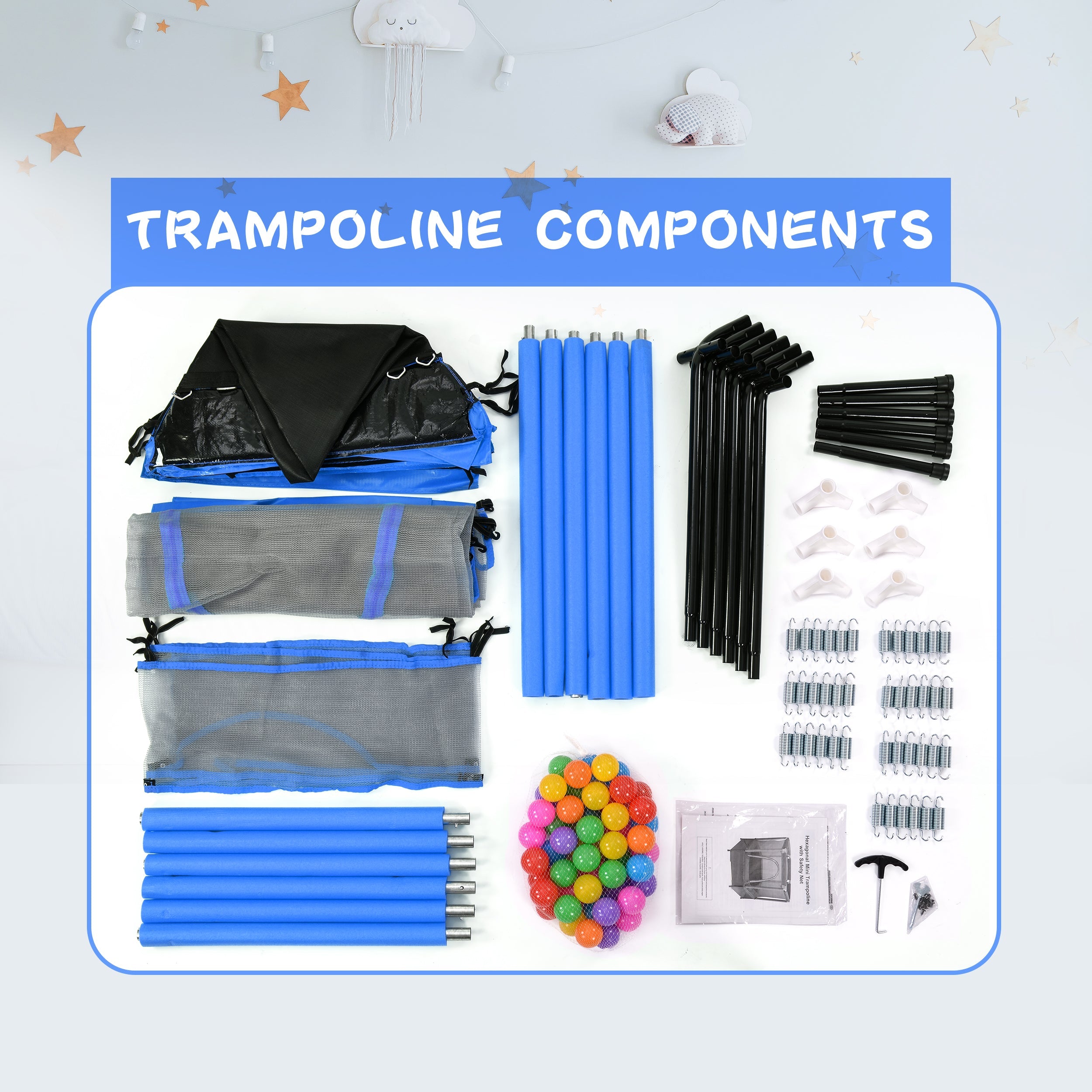 55'' Toddlers Trampoline with Safety Enclosure Net and Balls, Indoor Outdoor Mini Trampoline for Kids eprolo