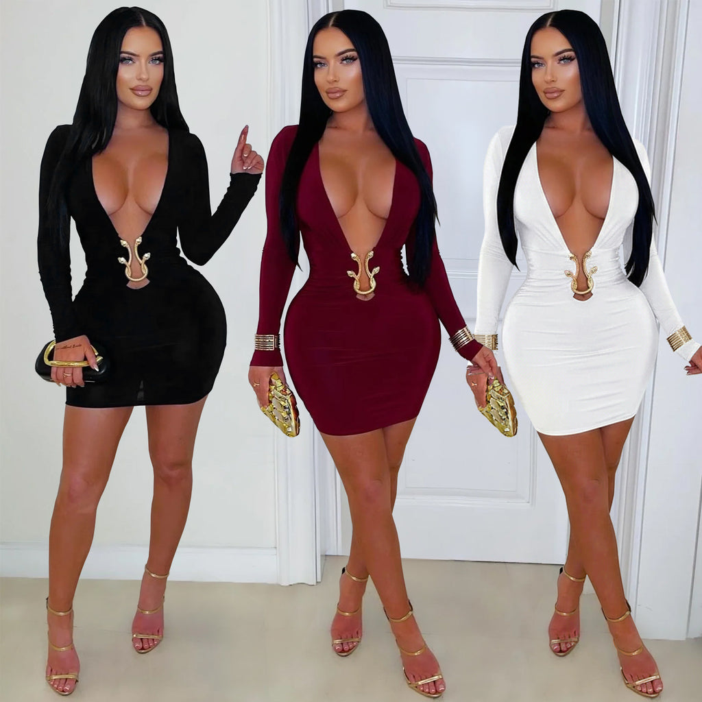 Fashionable Women's Sexy Deep V-Neck Bodycon Dress with Snake Pattern Accessories - Whispering Desires Shoppe