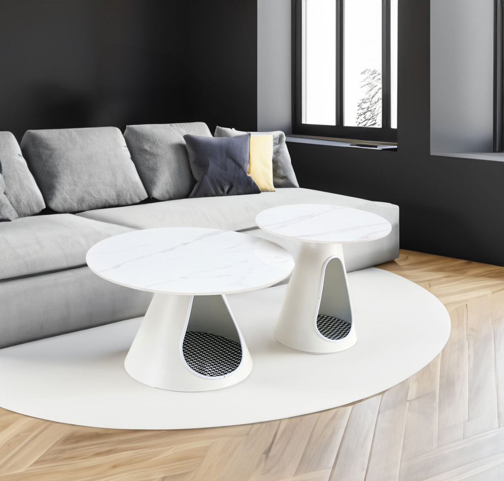set of 2 coffee round tables with a marble-look top and steel base with 2 cat beds multifunctional and stylish entable eprolo