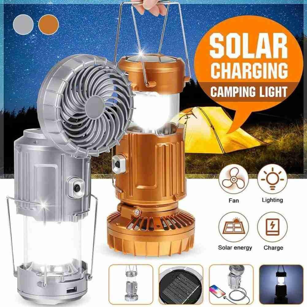 Portable Outdoor LED Camping Lantern With Fan Solar Charge Rechargeable Light Hanging Tent Lamp Fish Flashlight eprolo
