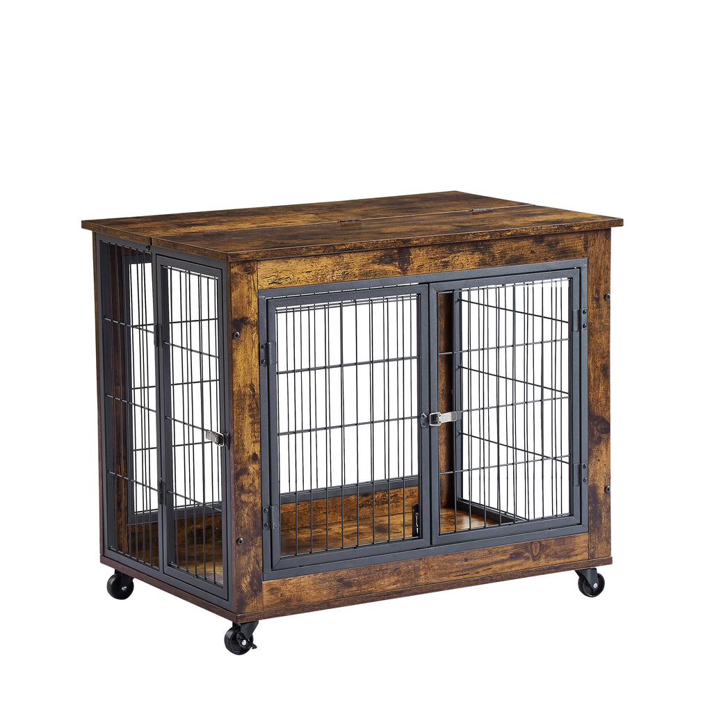 Furniture Style Dog Crate Side Table on Wheels with Double Doors and Lift Top. Rustic Brown, 31.50'' W x 22.05'' D x 25'' H. eprolo