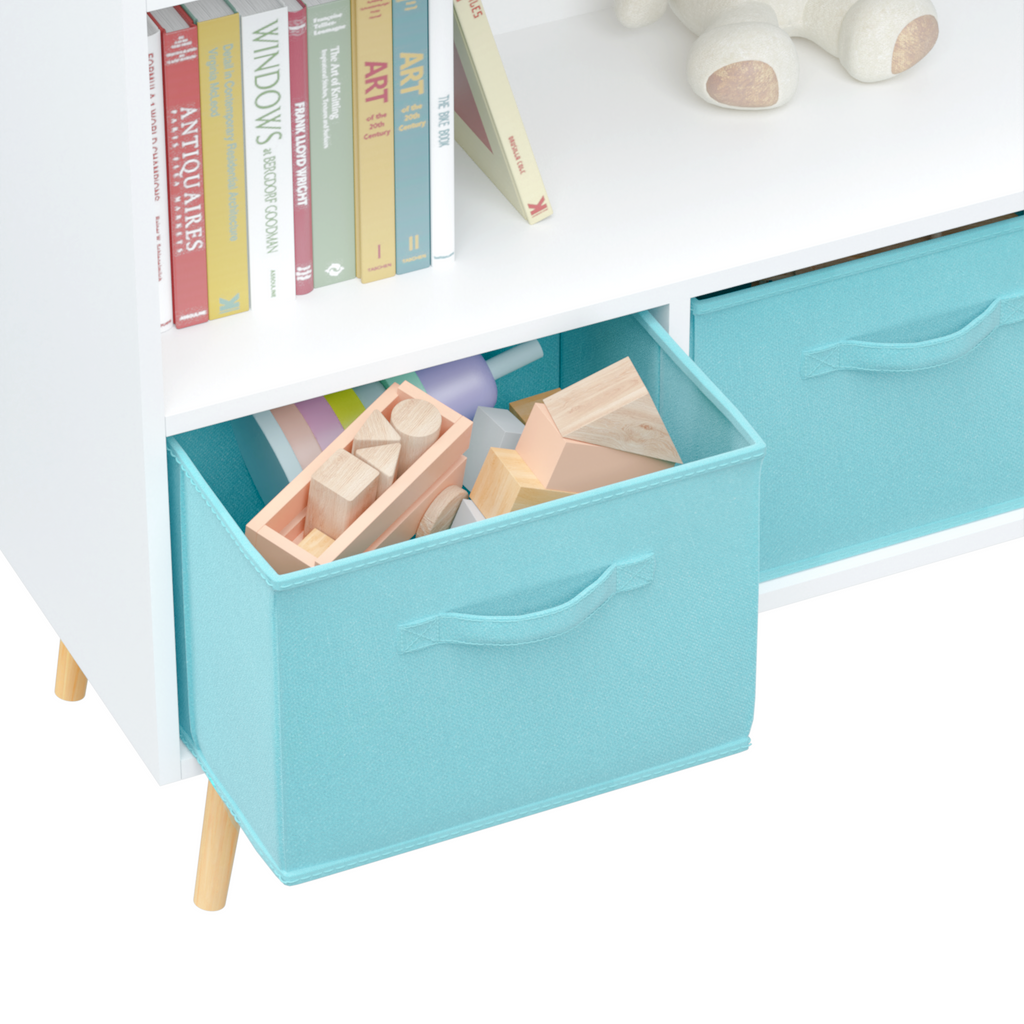 Kids bookcase with Collapsible Fabric Drawers Children's Book Display Toy Storage Cabinet Organizer White/Blue eprolo