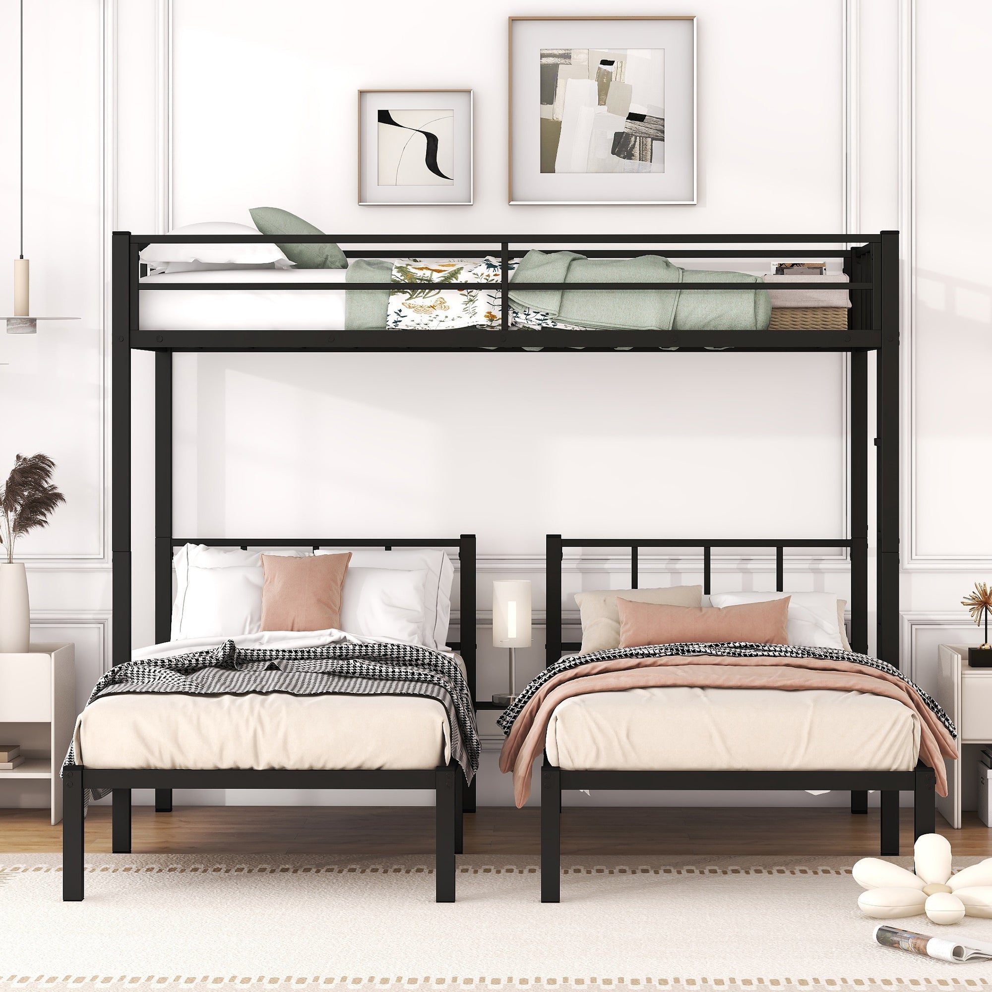 Twin over Twin & Twin Bunk Beds for 3, Twin XL over Twin & Twin Bunk Bed Metal Triple Bunk Bed, Black eprolo