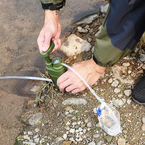 A portable outdoor water filter pump with a 0.01-micron, 3-stage filtration system, suitable for hiking and camping. eprolo