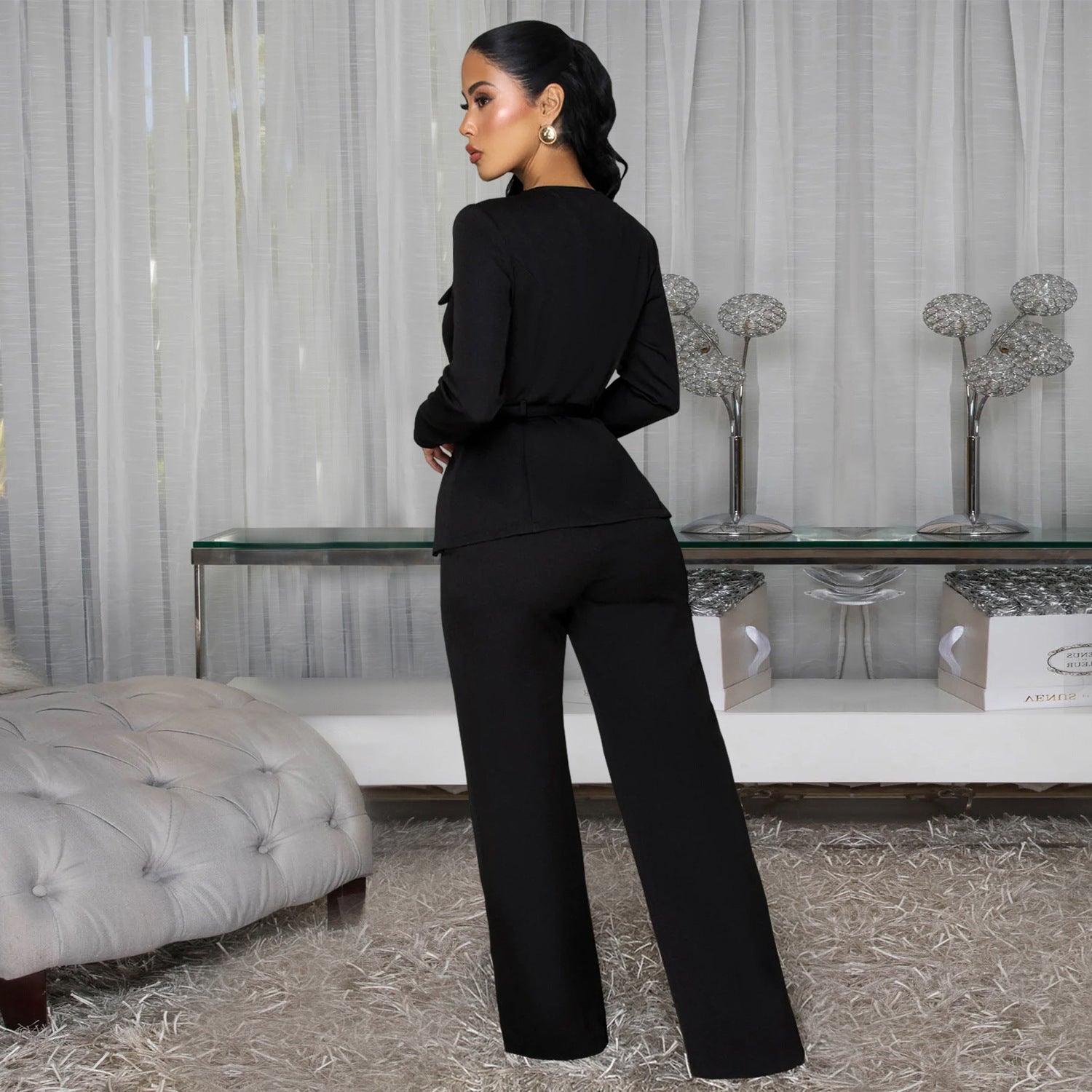 Fashionable Women's Slimming Belted Top and Pants Set - Whispering Desires Shoppe