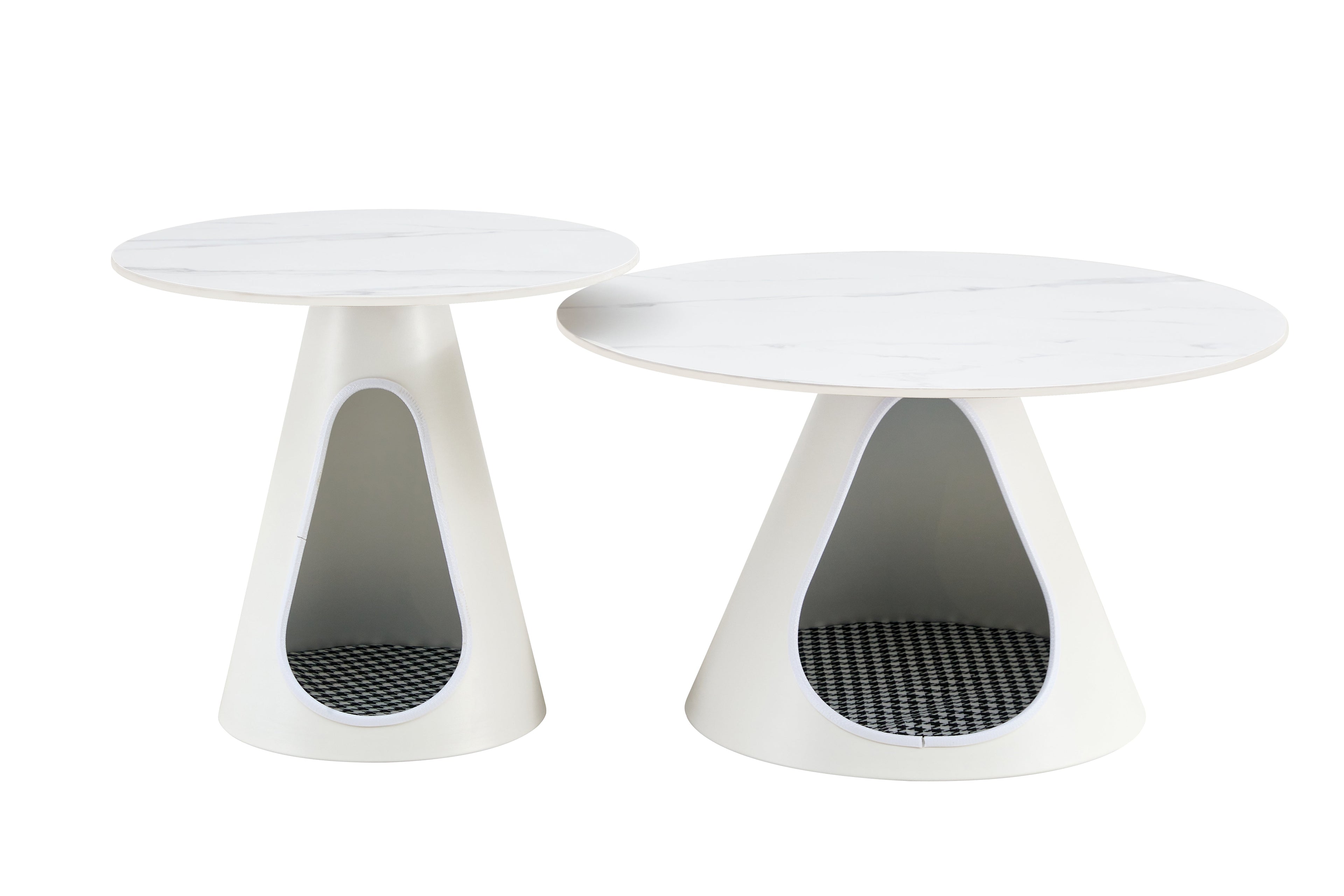 set of 2 coffee round tables with a marble-look top and steel base with 2 cat beds multifunctional and stylish entable eprolo