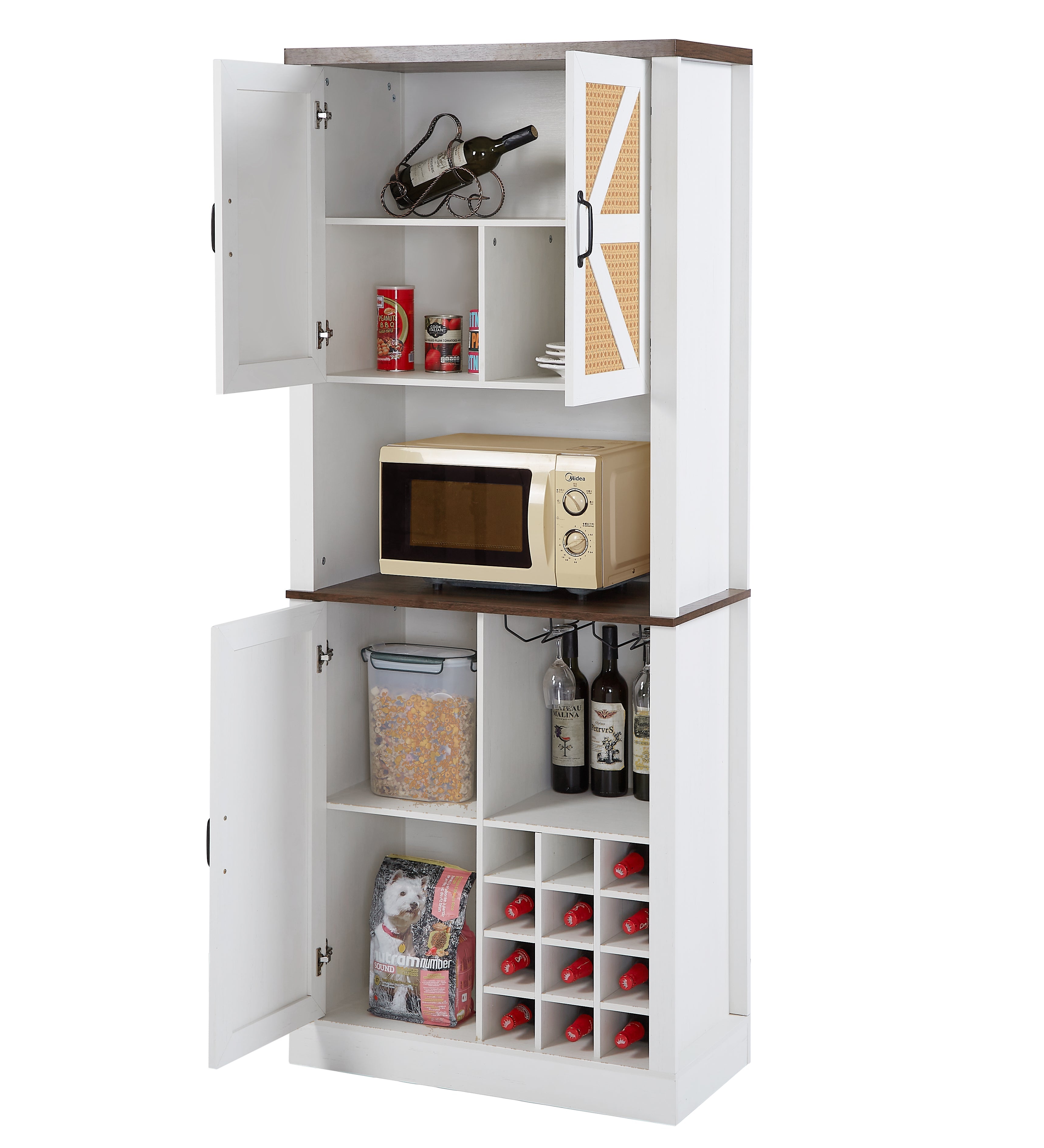 76 Inch Tall Farmhouse Kitchen Faux Rattan Wine Cabinet, Kitchen Bar Cabinet with Square Compartments and Shelves eprolo