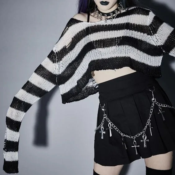 Karrram Punk Gothic Sweater Emo Tops E-girls Mall Goth Pullovers Y2k Harajuku Grunge Clothes Alt Dark Aesthetic Striped Jumpers Dsers