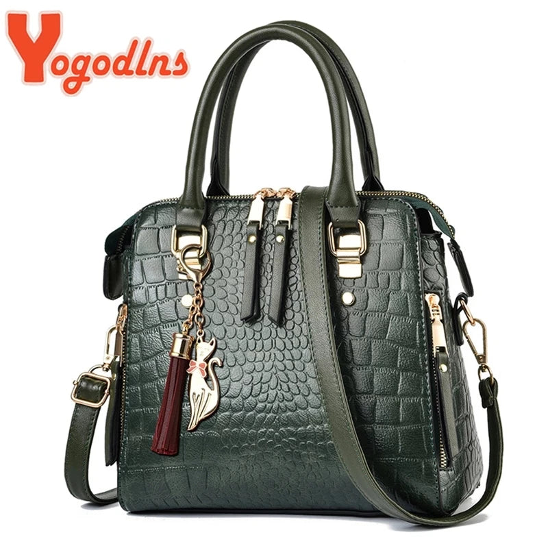 Crocodile-Pattern PU Tassel Handbag