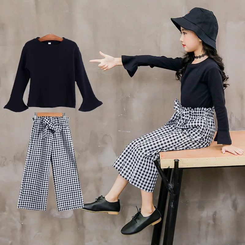 Girls' Plaid Wide-Leg Pants & Long-Sleeve Top Set