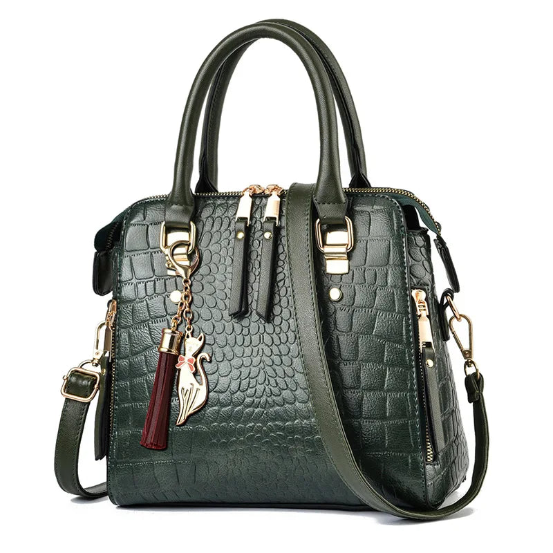 Crocodile-Pattern PU Tassel Handbag