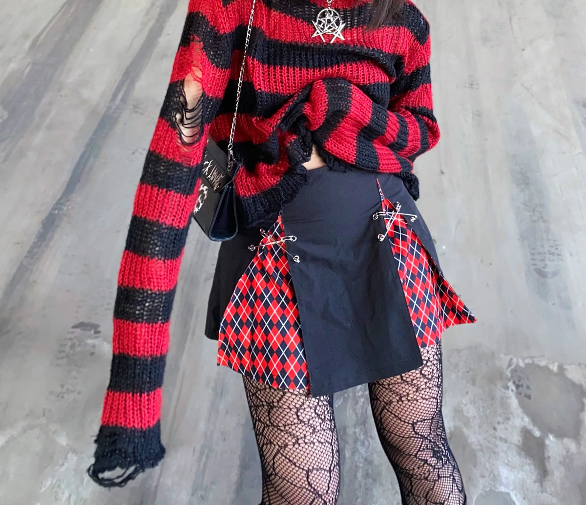 Karrram Punk Gothic Sweater Emo Tops E-girls Mall Goth Pullovers Y2k Harajuku Grunge Clothes Alt Dark Aesthetic Striped Jumpers Dsers