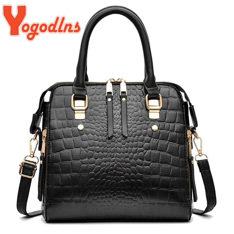 Crocodile-Pattern PU Tassel Handbag