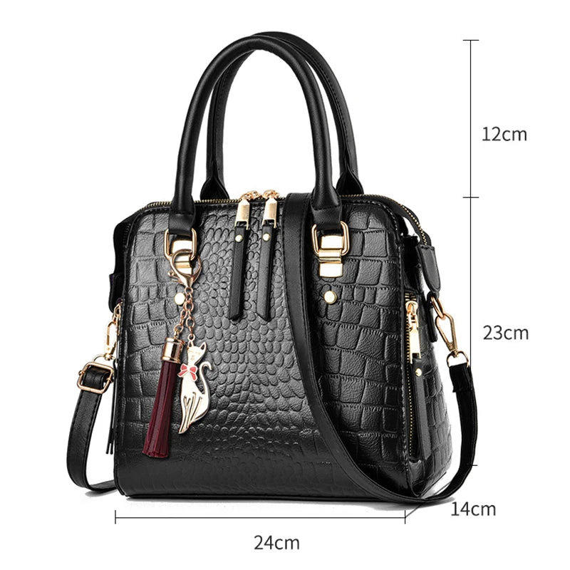 Crocodile-Pattern PU Tassel Handbag
