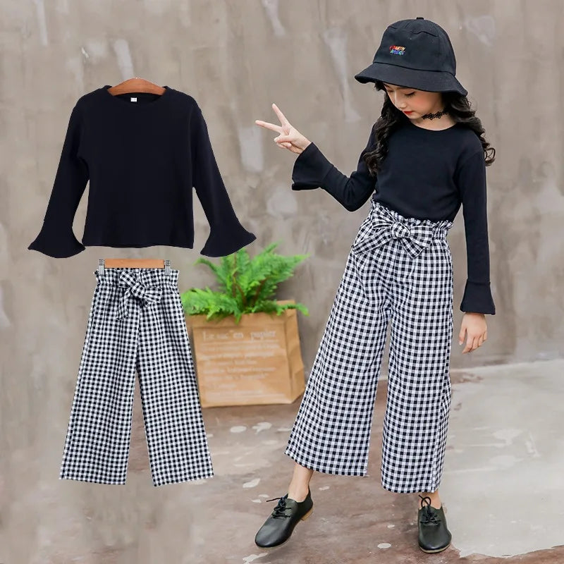Girls' Plaid Wide-Leg Pants & Long-Sleeve Top Set