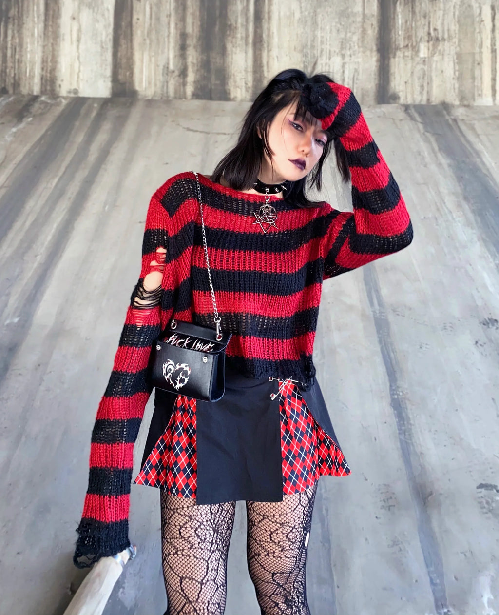 Karrram Punk Gothic Sweater Emo Tops E-girls Mall Goth Pullovers Y2k Harajuku Grunge Clothes Alt Dark Aesthetic Striped Jumpers Dsers