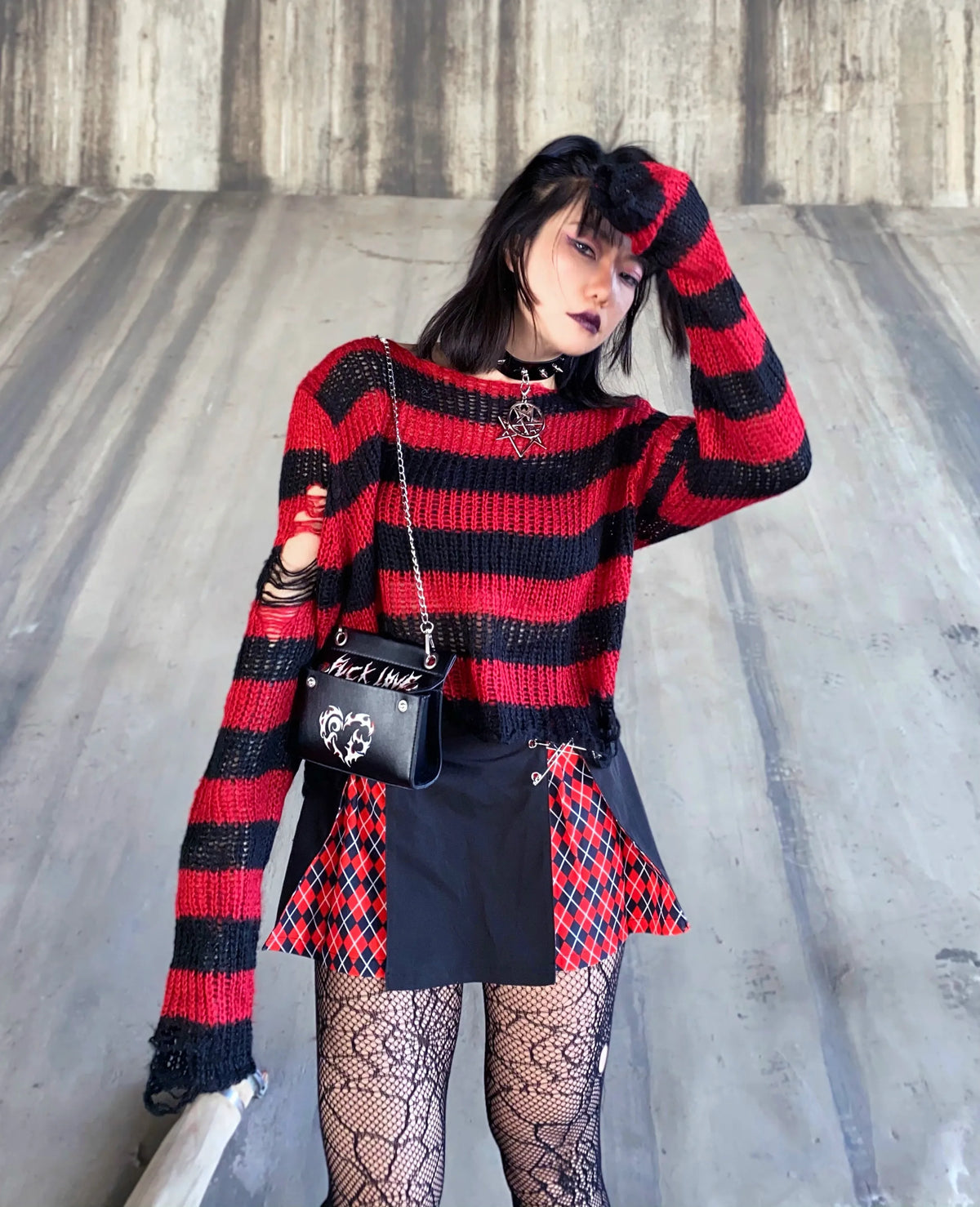 Karrram Punk Gothic Sweater Emo Tops E-girls Mall Goth Pullovers Y2k Harajuku Grunge Clothes Alt Dark Aesthetic Striped Jumpers Dsers