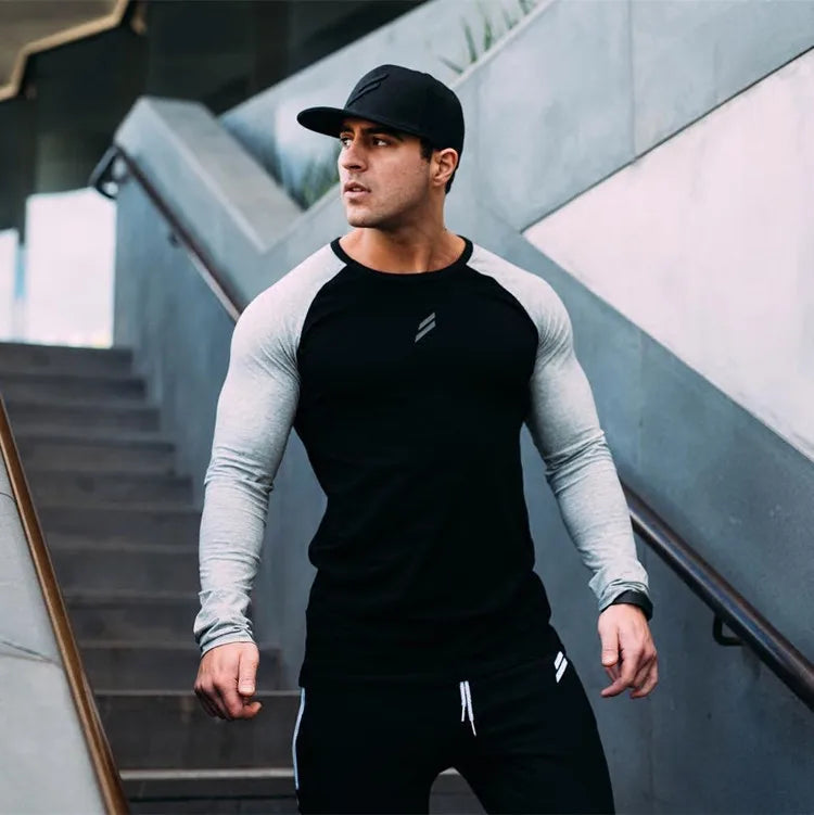 Men's Long-Sleeve Patchwork Casual T-Shirt