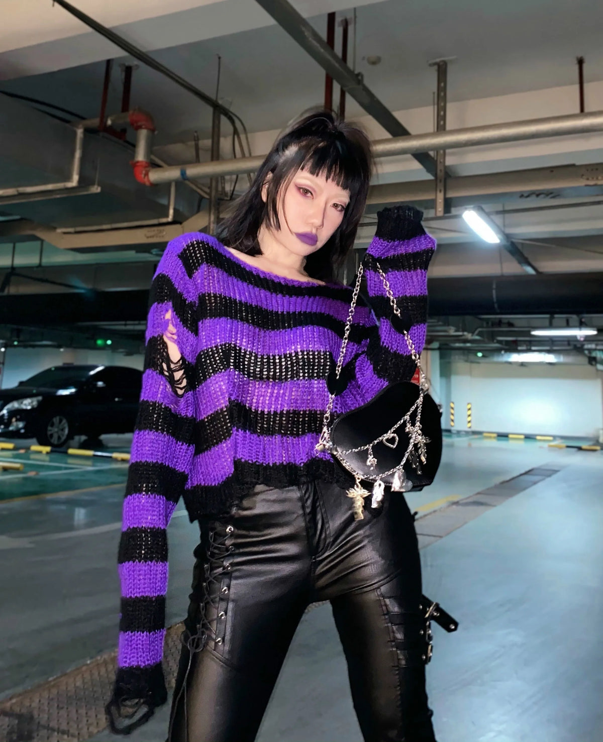 Karrram Punk Gothic Sweater Emo Tops E-girls Mall Goth Pullovers Y2k Harajuku Grunge Clothes Alt Dark Aesthetic Striped Jumpers Dsers