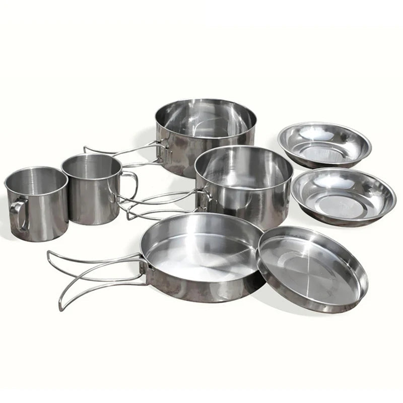 Mayitr 8Pcs Stainless Steel Outdoor Camping Picnic Pot Pan Kit Camping Backpacking Hiking Cookware Set High quality eprolo
