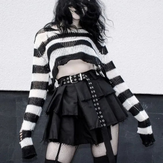 Karrram Punk Gothic Sweater Emo Tops E-girls Mall Goth Pullovers Y2k Harajuku Grunge Clothes Alt Dark Aesthetic Striped Jumpers Dsers