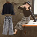 Girls' Plaid Wide-Leg Pants & Long-Sleeve Top Set