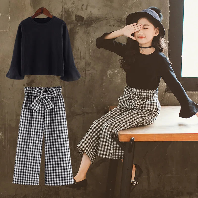 Girls' Plaid Wide-Leg Pants & Long-Sleeve Top Set