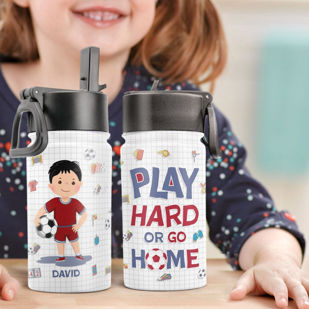 Ice Soccer Play Hard Or Go Home - Personalized Kids Water Bottle With Straw Lid eprolo