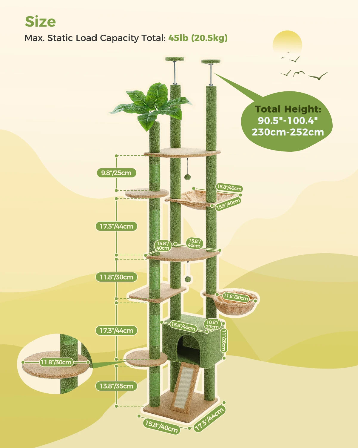 Cactus Cat Tree Floor to Ceiling Cat Tower Adjustable Height with Cat Condo Cozy Hammock and Scratching Post Tall Activity Tree Whispering Desires Shoppe