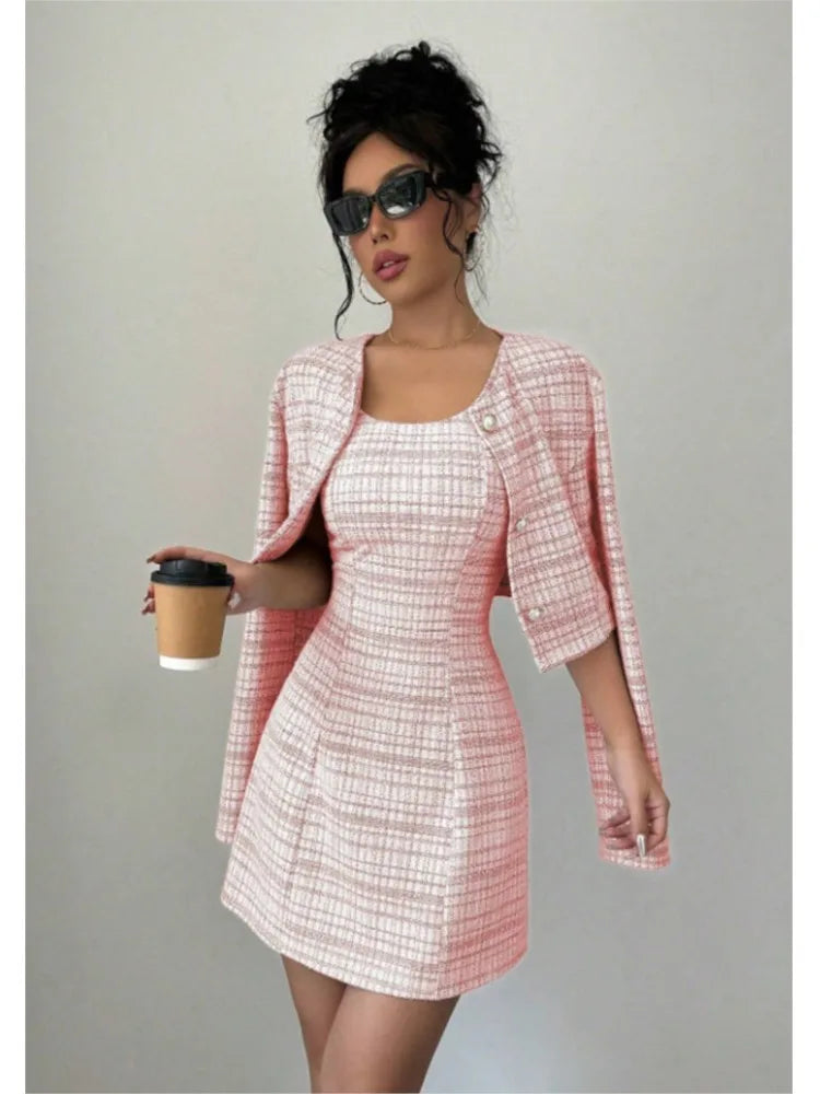 Women's Plaid Cropped Jacket and Corset-Style Dress Set