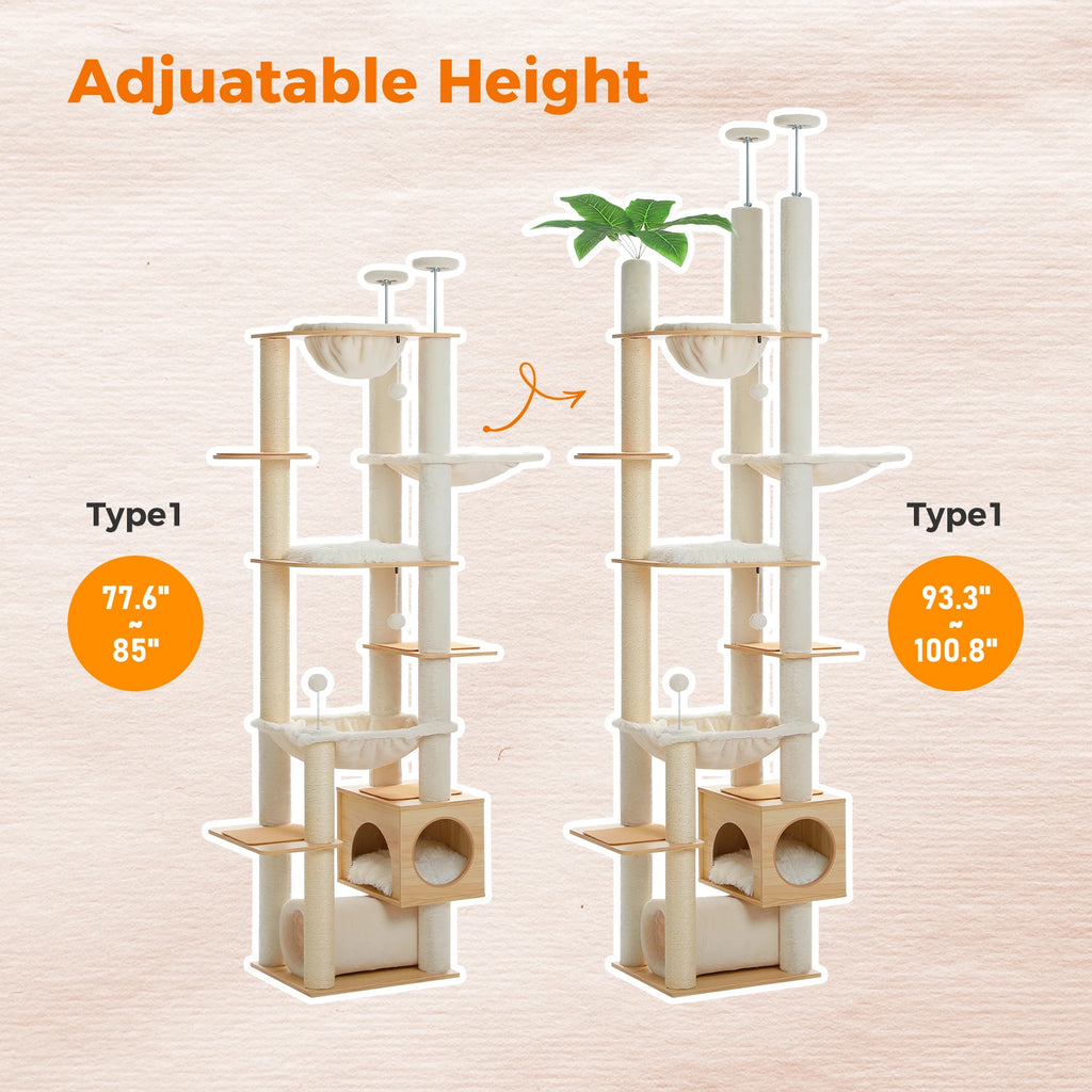 Adjustable Floor-to-Ceiling Cat Tree with Large Hammock