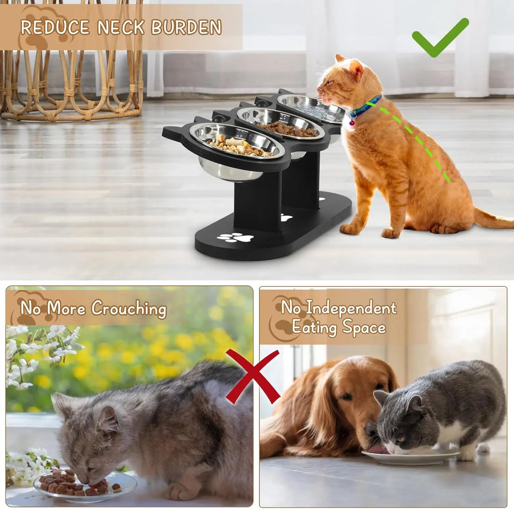 Adjustable Raised Cat Bowl Stand with Three Steel Bowls