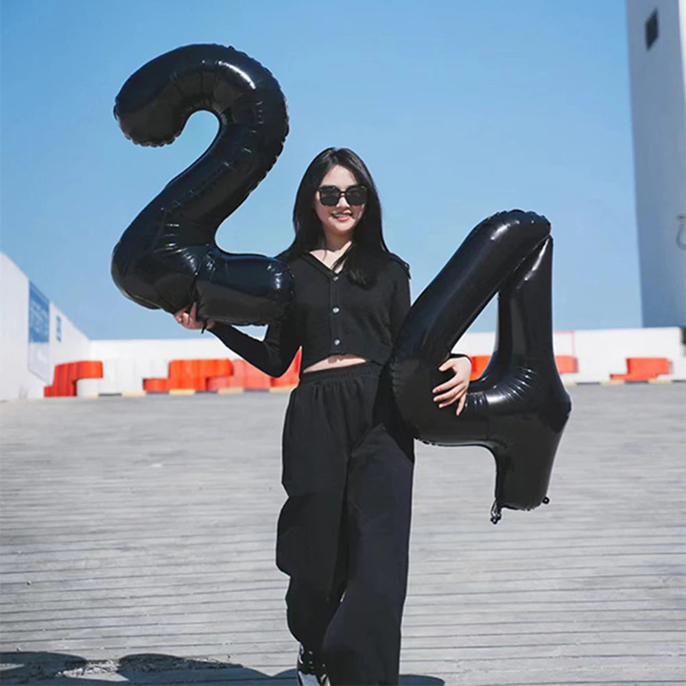 Black Number & Happy Birthday Foil Balloon Set