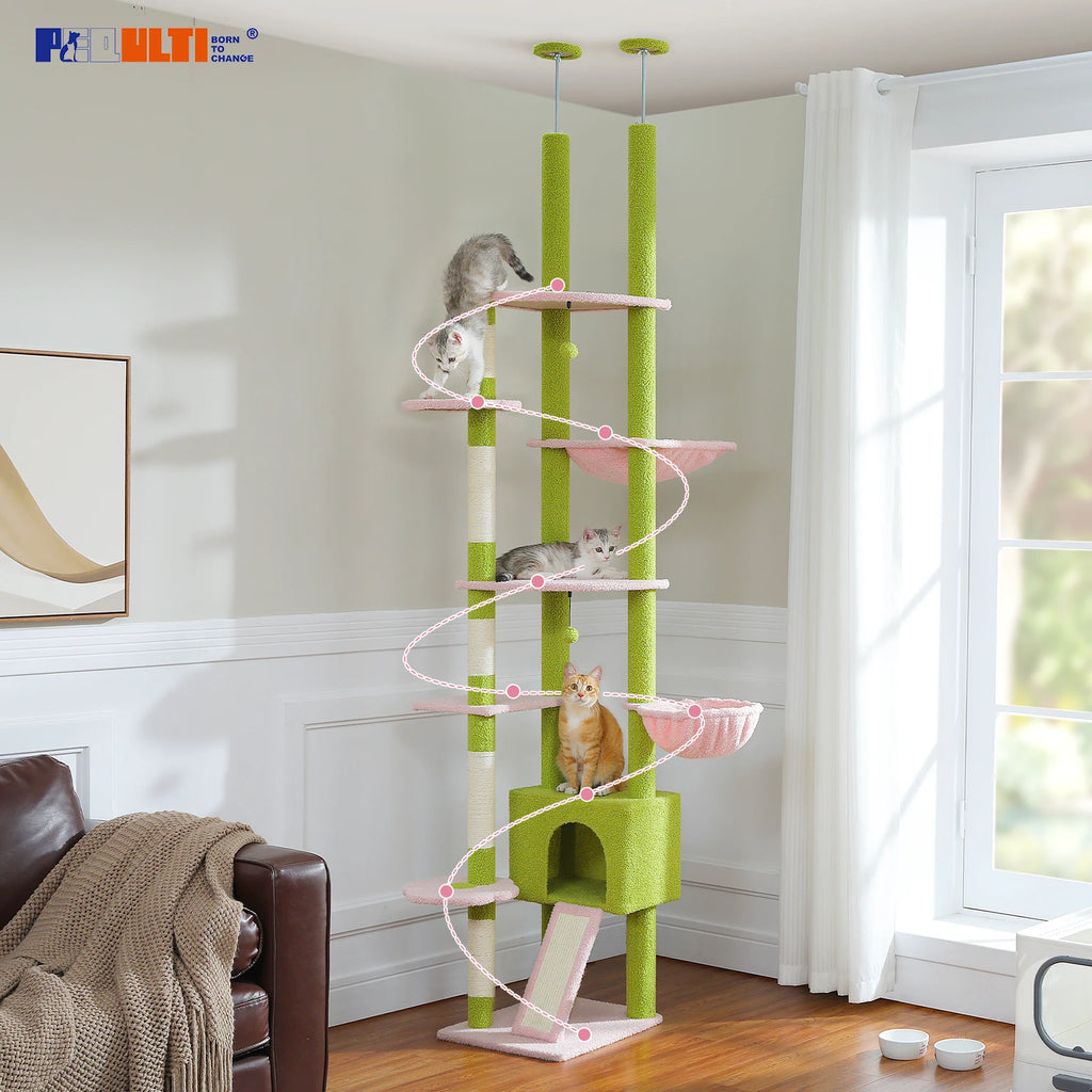 Cactus Cat Tree Floor to Ceiling Cat Tower Adjustable Height with Cat Condo Cozy Hammock and Scratching Post Tall Activity Tree Whispering Desires Shoppe