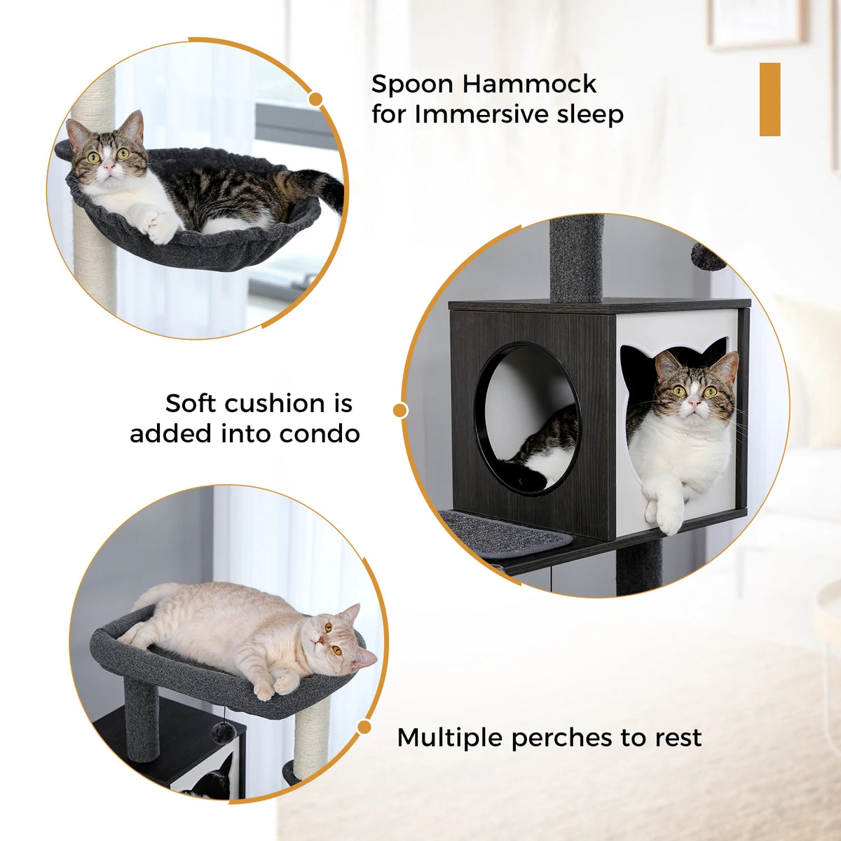 Multi-Level Wooden Cat Tree with Condo & Hammock