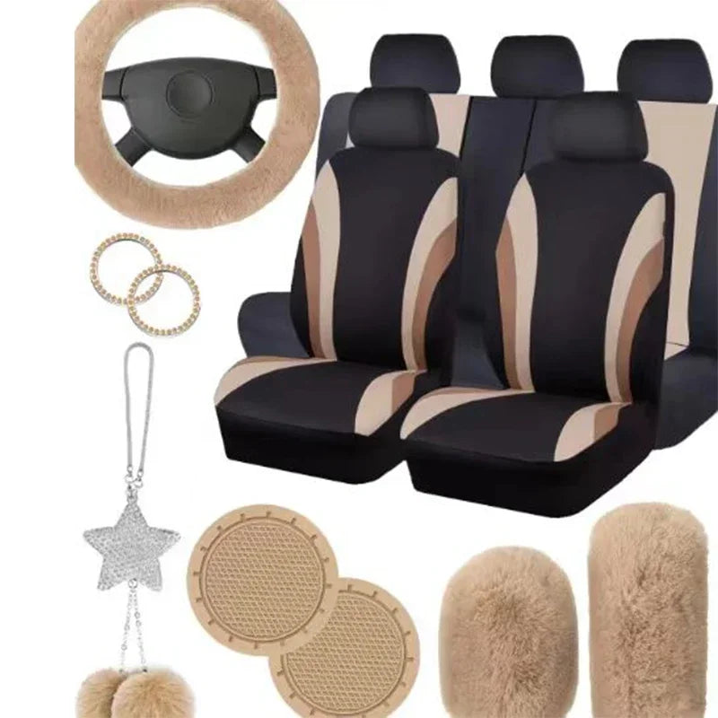 Striped Polyester Car Interior Cover Set – 17 Pieces