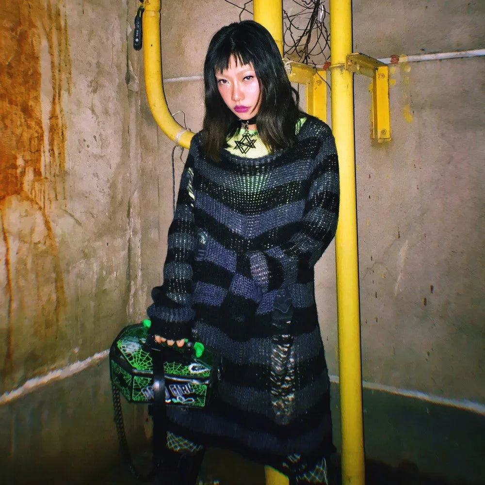 Karrram Punk Gothic Sweater Emo Tops E-girls Mall Goth Pullovers Y2k Harajuku Grunge Clothes Alt Dark Aesthetic Striped Jumpers Dsers