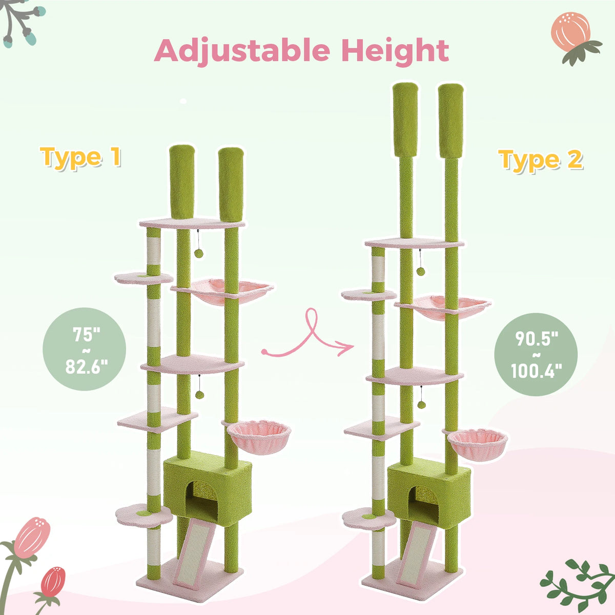 Cactus Cat Tree Floor to Ceiling Cat Tower Adjustable Height with Cat Condo Cozy Hammock and Scratching Post Tall Activity Tree Whispering Desires Shoppe