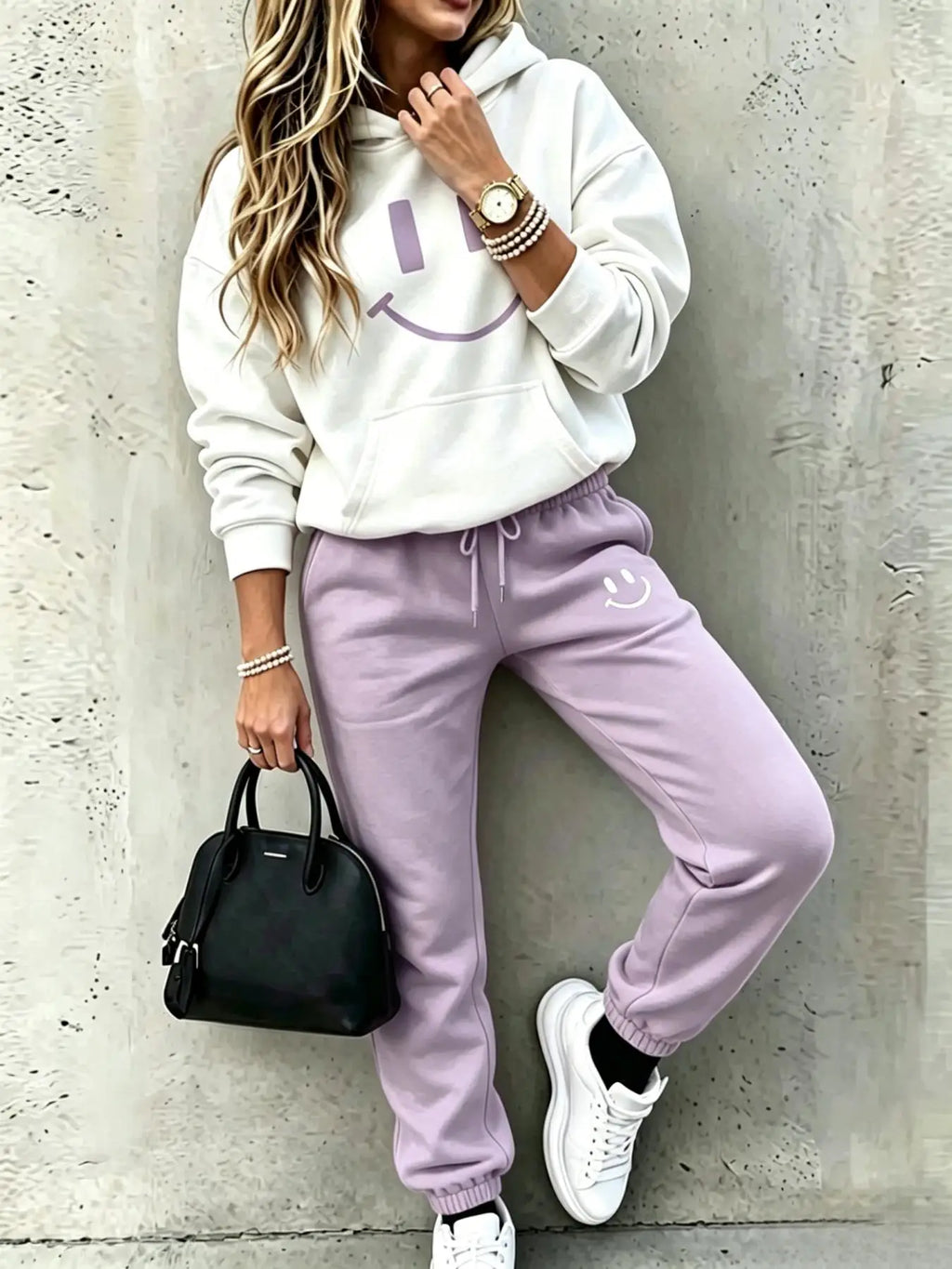 Women's Smiley-Print Hoodie and Jogger Set