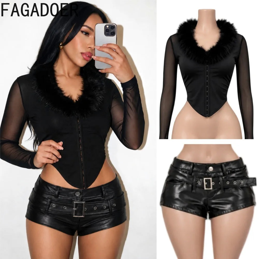 Women's Mesh-Look Top and Faux-Leather-Look Shorts — Separates