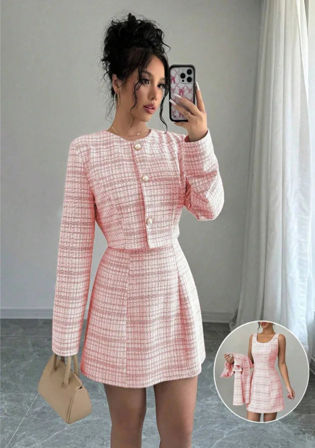 Women's Plaid Cropped Jacket and Corset-Style Dress Set