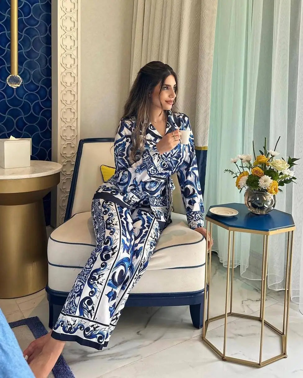 Printed Collar Top & Wide-Leg Pants Set
